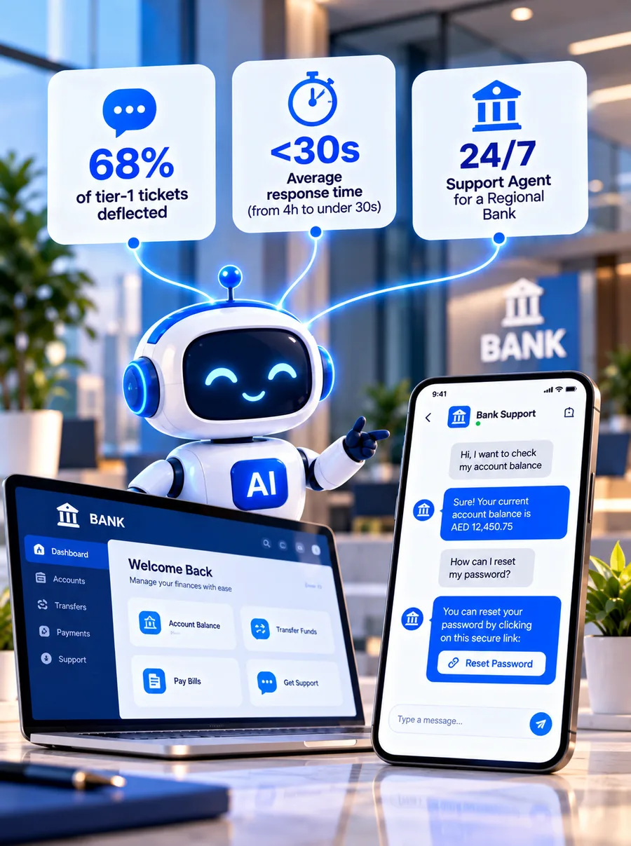 A bank's 24/7 AI support agent answering balance and password questions in a mobile chat, with cards for 68% of tier-1 tickets deflected and an average response time cut from 4 hours to under 30 seconds