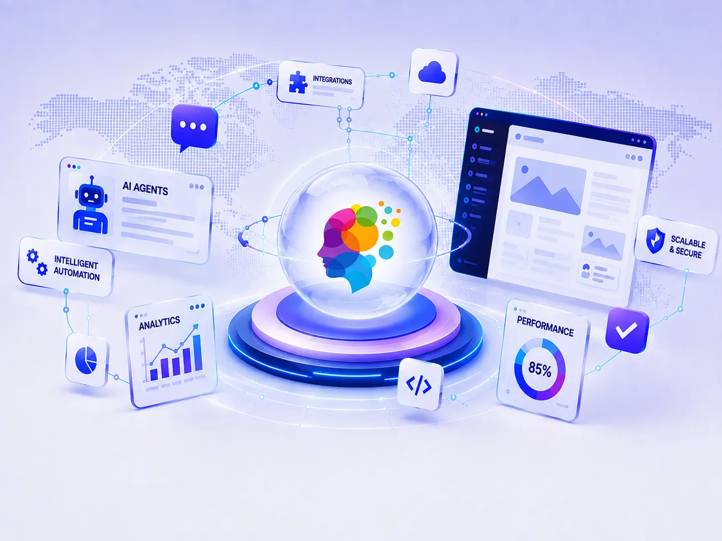 An AI-powered digital ecosystem connecting agents, automation, analytics, integrations and secure infrastructure