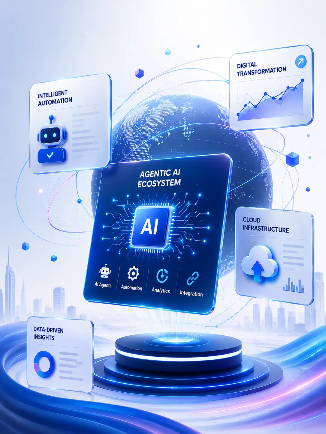 The Agentic AI ecosystem — AI agents, automation, analytics and integration around a central AI core
